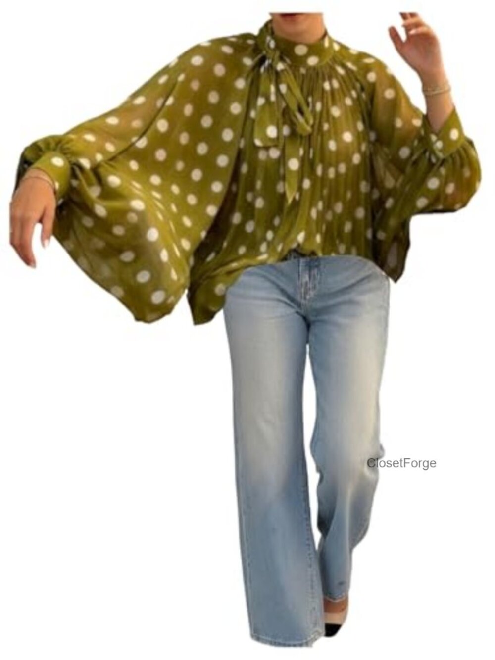 Women's Polka Dot Bishop Sleeve Blouse Tie Neck Mesh Top Sheer